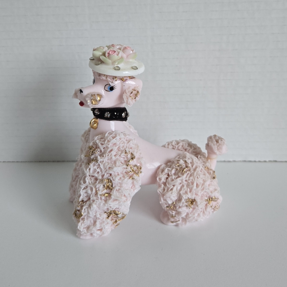Rare Vintage Pink Spaghetti Poodle with hat & rhinestone collar, Lefton